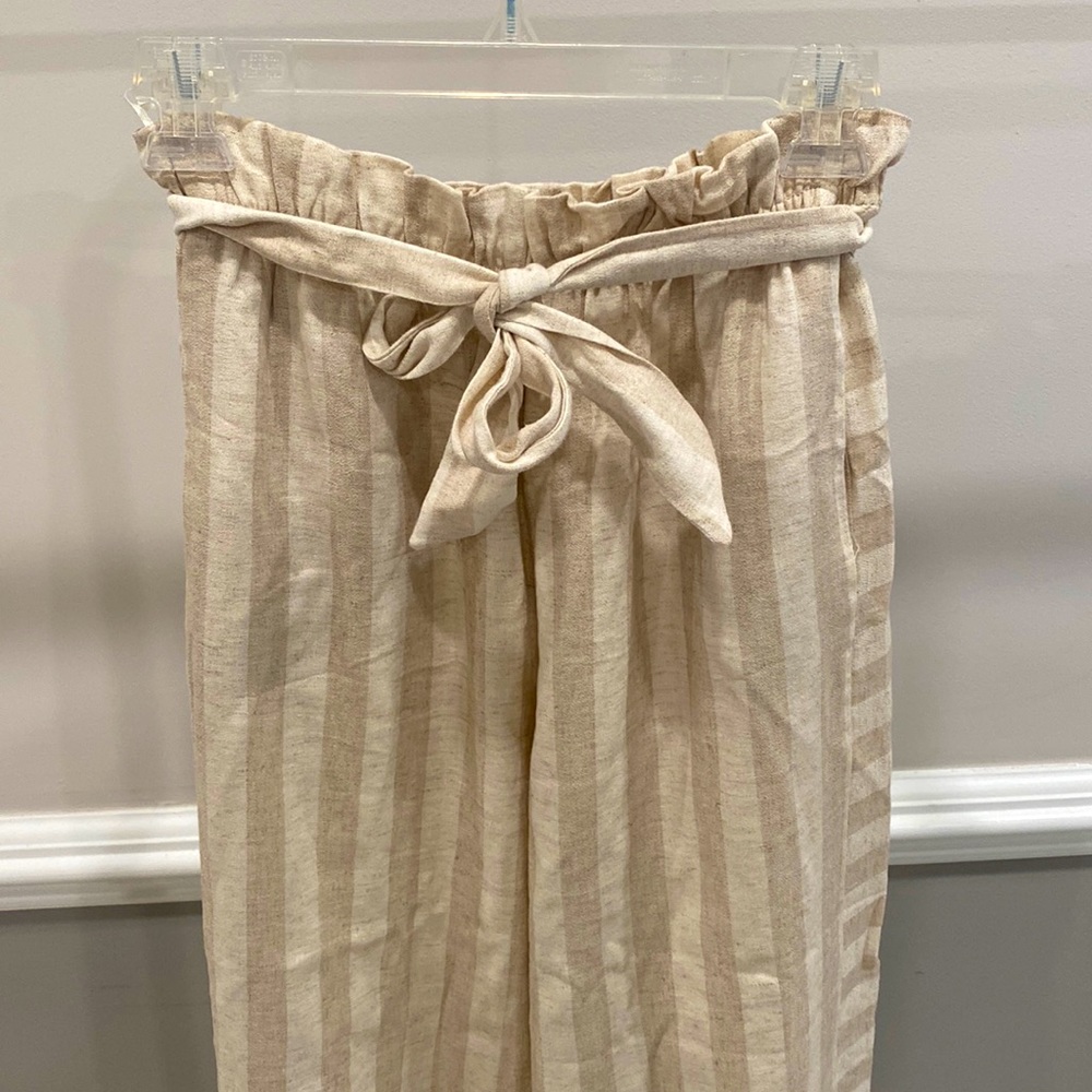Striped Linen Wide Leg Pants with Tie Size S/M